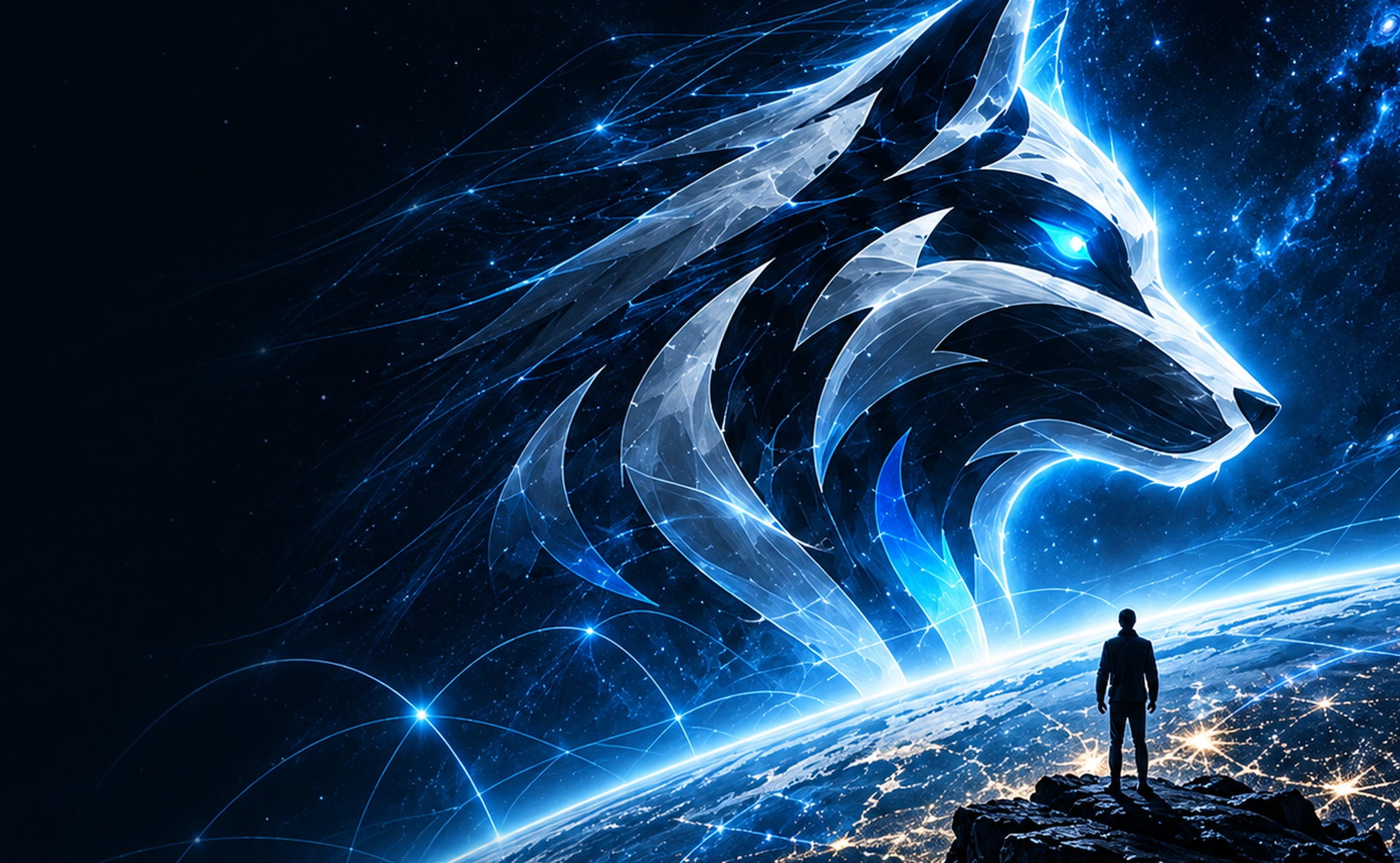 High-resolution futuristic wolf overlooking a connected Earth